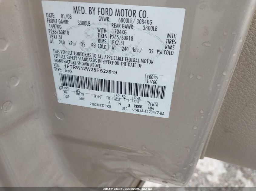 2008 Ford F-150 60Th Anniversary/Fx2/Xl/Xlt VIN: 1FTRW12W38FB23619 Lot: 42173362