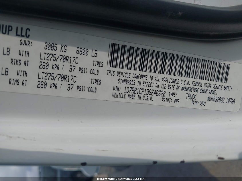 2011 RAM RAM 1500 VIN: 1D7RB1CP1BS646628