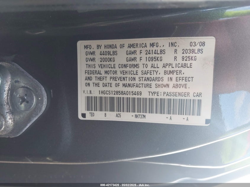 2008 HONDA ACCORD VIN: 1HGCS12858A015469
