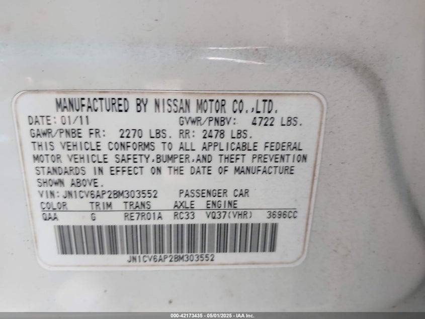 2011 INFINITI G37 VIN: JN1CV6AP2BM303552