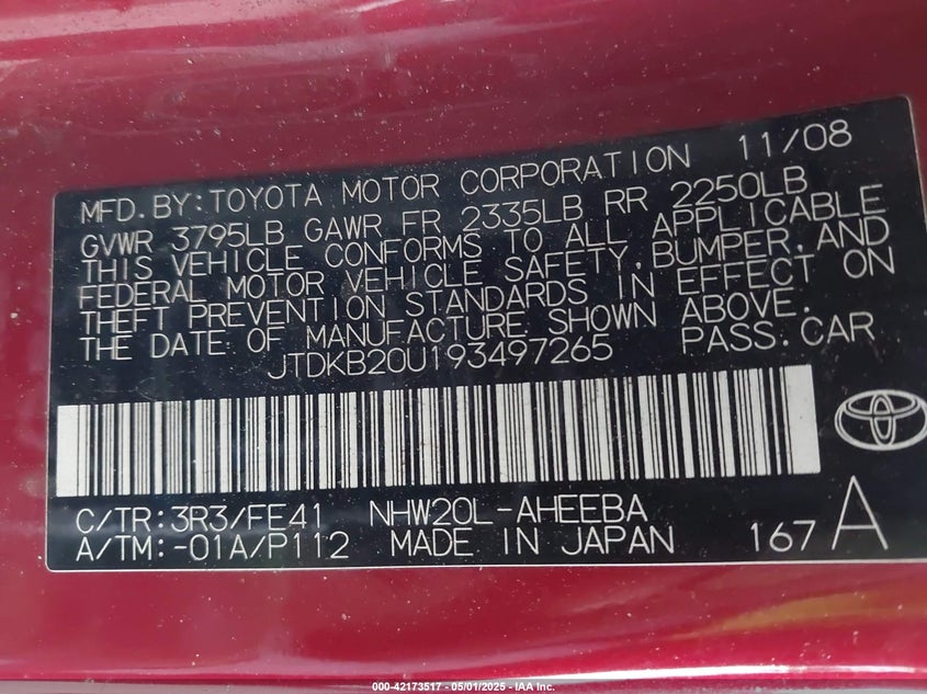 2009 TOYOTA PRIUS VIN: JTDKB20U193497265