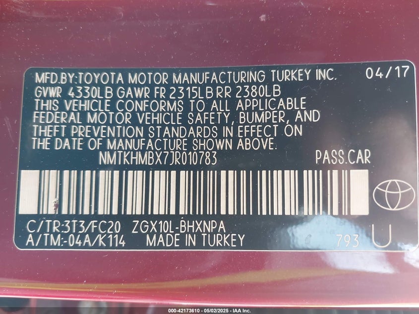 2018 TOYOTA C-HR VIN: NMTKHMBX7JR010783