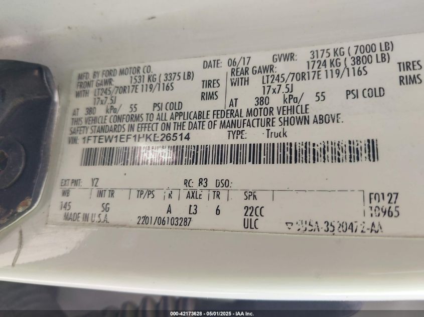 2017 Ford F150 VIN: 1FTEW1EFHKE26514 Lot: 42173628