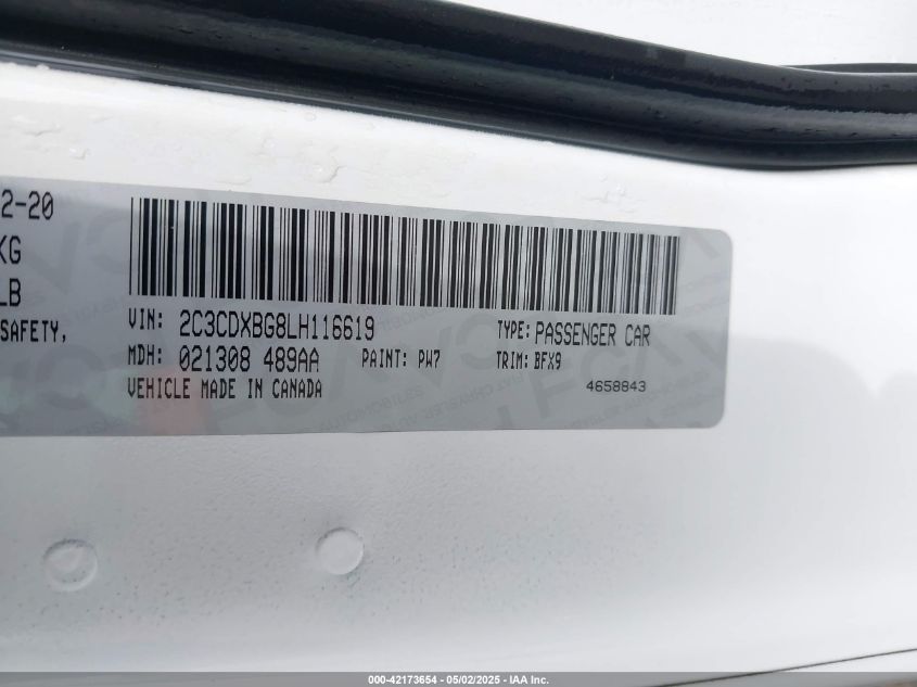 2020 Dodge Charger Sxt Rwd VIN: 2C3CDXBG8LH116619 Lot: 42173654