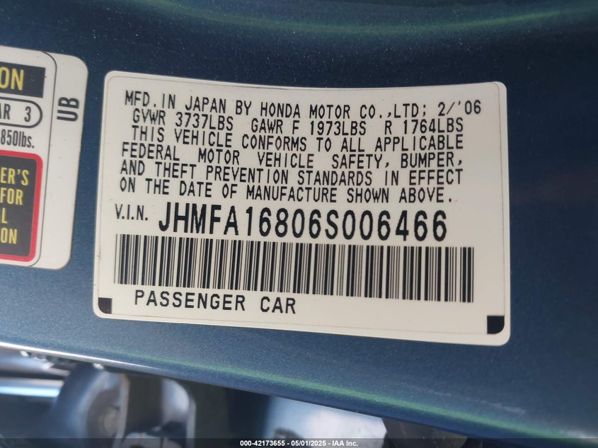2006 HONDA CIVIC VIN: JHMFA16806S006466