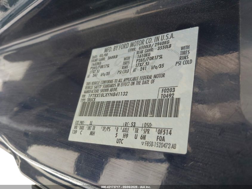 2000 Ford F-150 Lariat/Xl/Xlt VIN: 1FTRX07L1YKA11818 Lot: 42173717