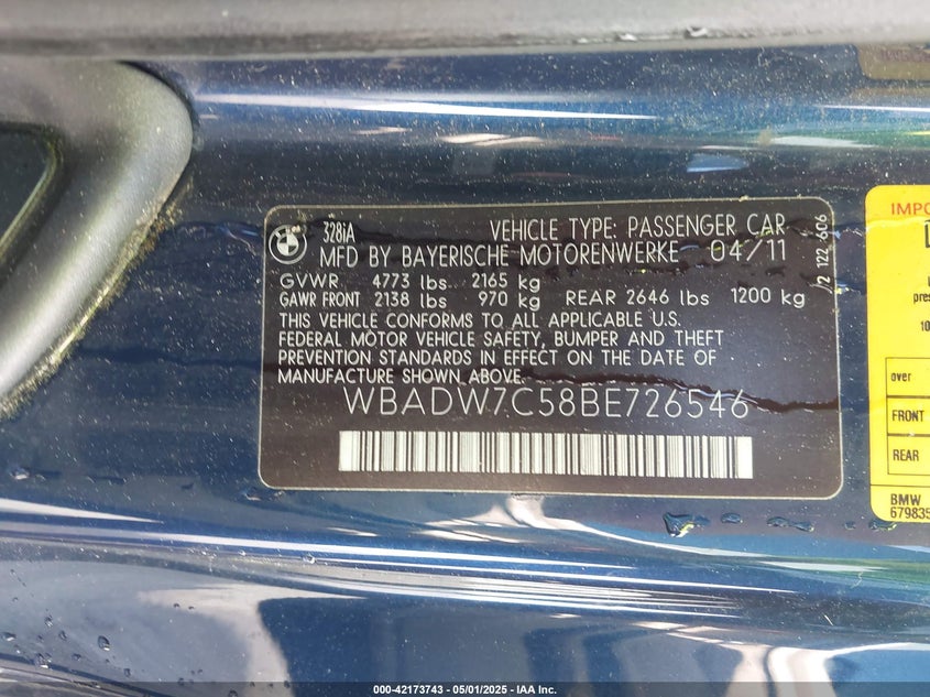 2011 BMW 328I VIN: WBADW7C58BE726546