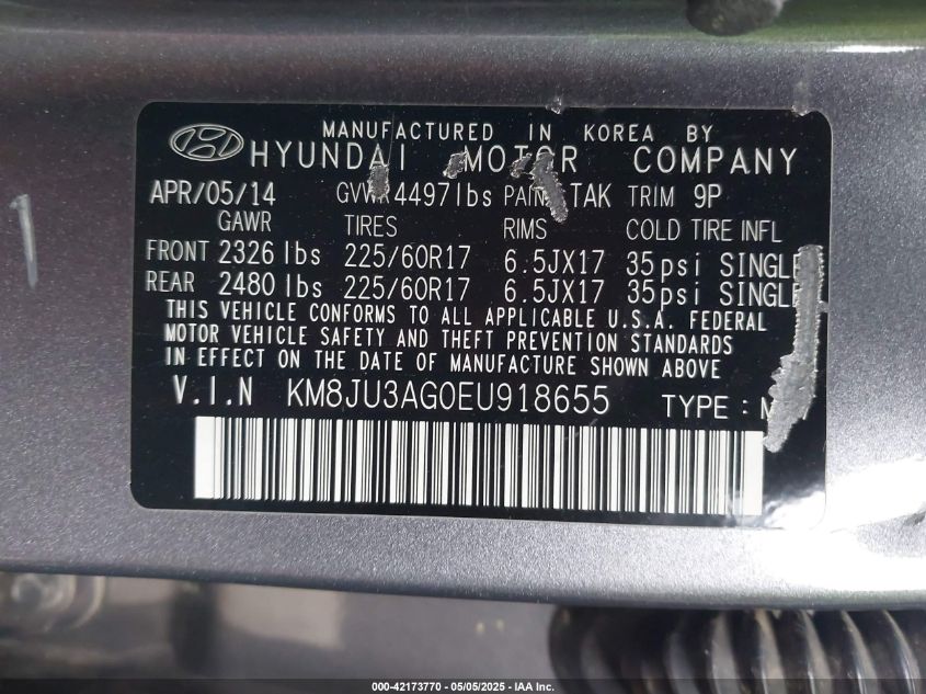 2014 Hyundai Tucson Se VIN: KM8JU3AG0EU918655 Lot: 42173770