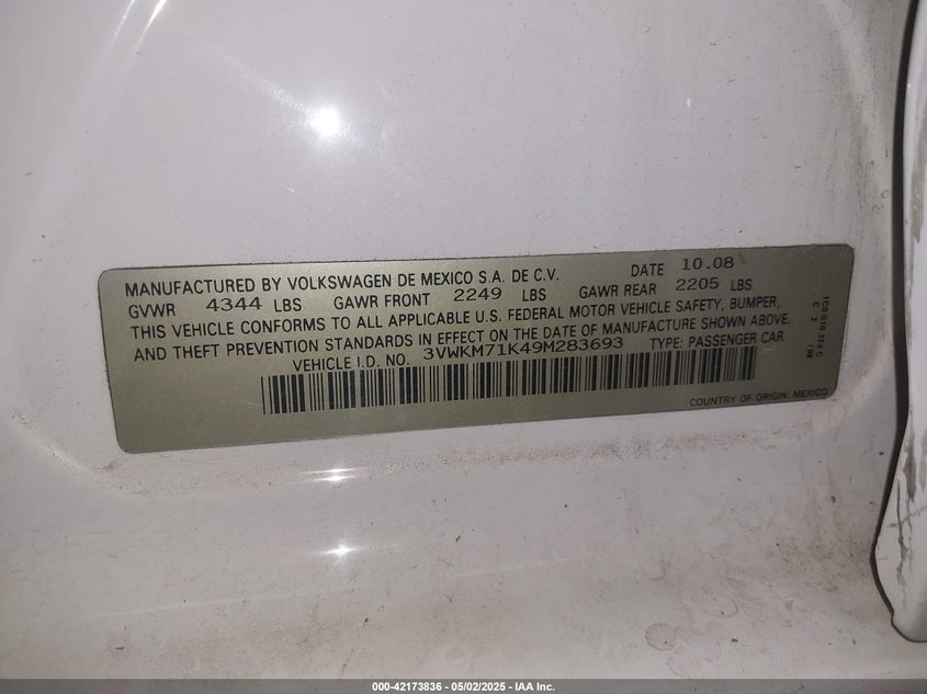 2009 VOLKSWAGEN JETTA VIN: 3VWKM71K49M283693