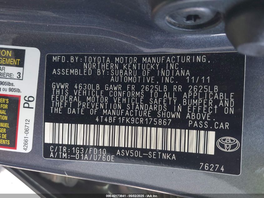 2012 Toyota Camry Le VIN: 4T4BF1FK9CR175867 Lot: 42173841