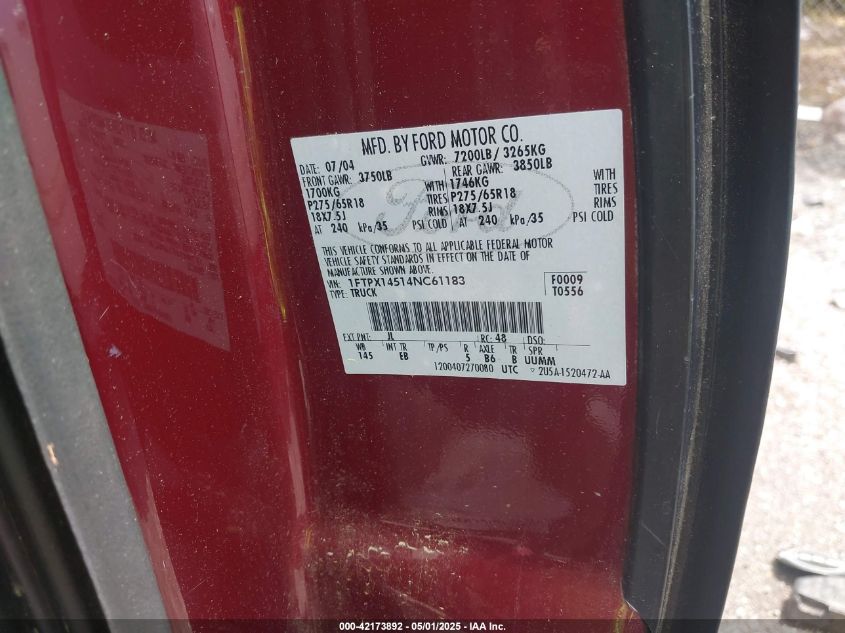 2004 Ford F-150 Fx4/Lariat/Xl/Xlt VIN: 1FTPX14514NC61183 Lot: 42173892