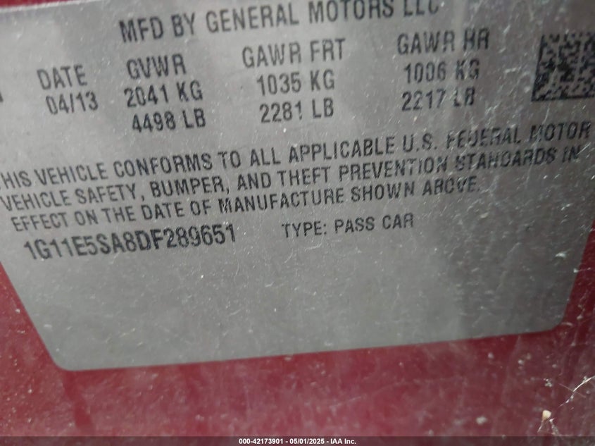 2013 CHEVROLET MALIBU VIN: 1G11E5SA8DF289651