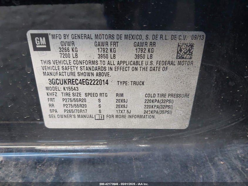2014 CHEVROLET SILVERADO 1500 VIN: 3GCUKREC4EG222014