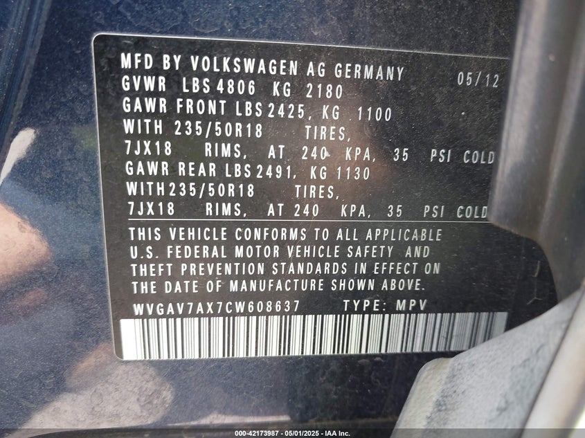 2012 VOLKSWAGEN TIGUAN VIN: WVGAV7AX7CW608637