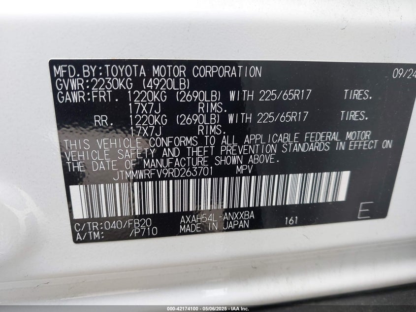 2024 TOYOTA RAV4 HYBRID VIN: JTMMWRFV9RD263701