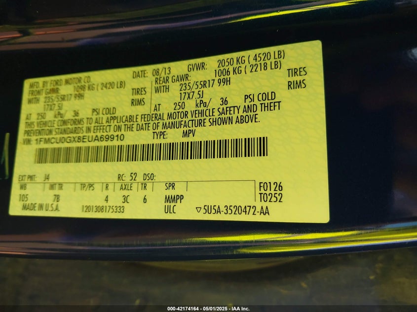 2014 FORD ESCAPE VIN: 1FMCU0GX8EUA69910