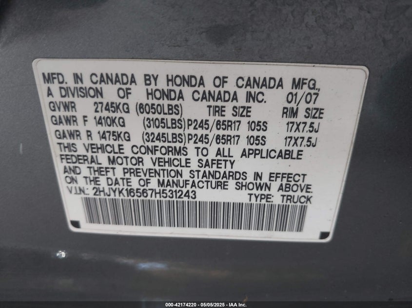 2007 HONDA RIDGELINE VIN: 2HJYK16567H531243