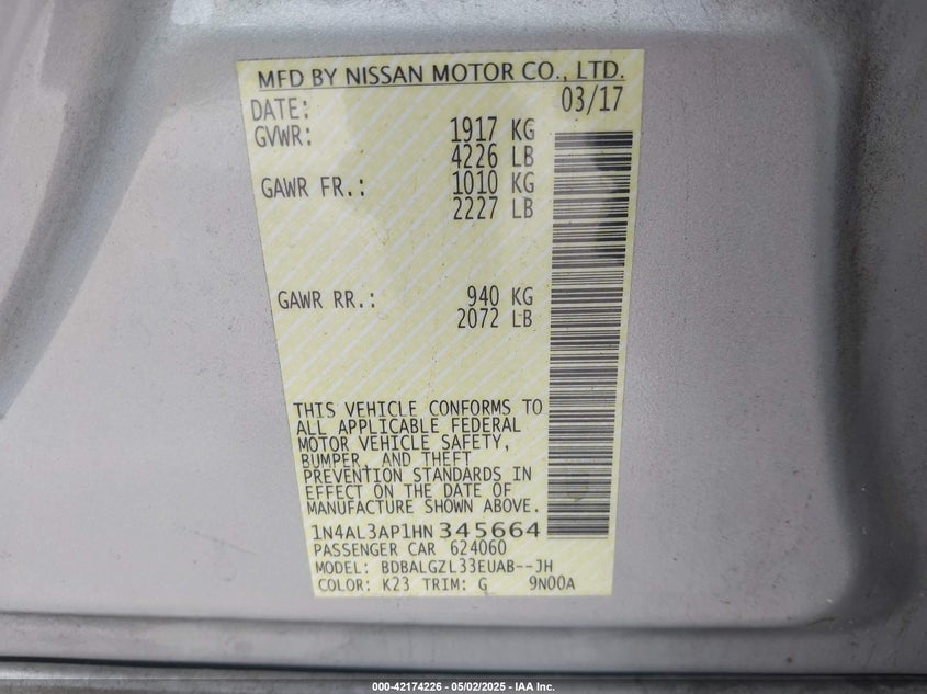 VIN 1N4AL3AP1HN345664 2017 NISSAN ALTIMA 2.5 S