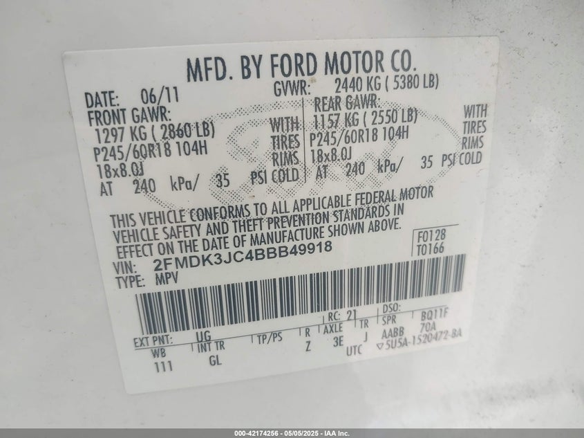 2011 FORD EDGE VIN: 2FMDK3JC4BBB49918