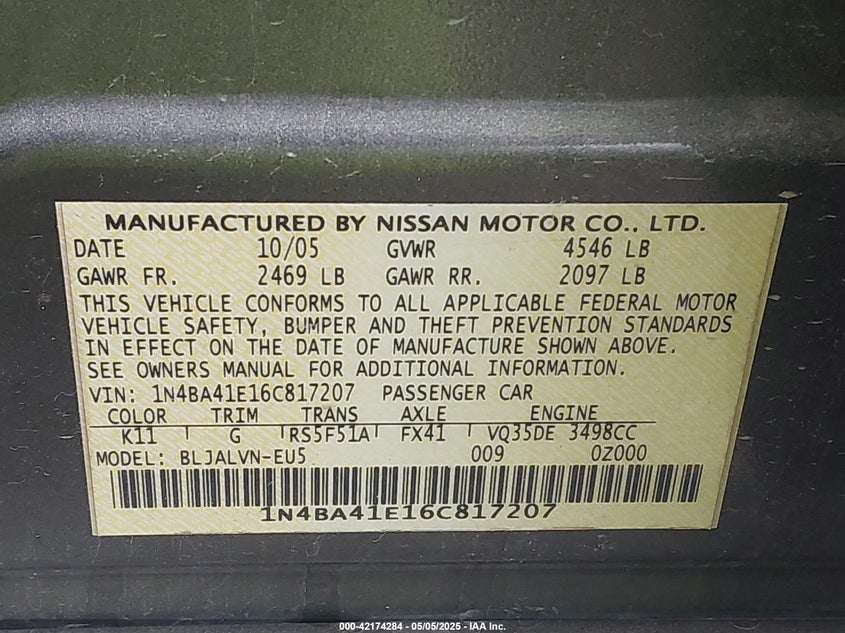 2006 Nissan Maxima 3.5 Se/3.5 Sl VIN: 1N4BA41E160813207 Lot: 42174284