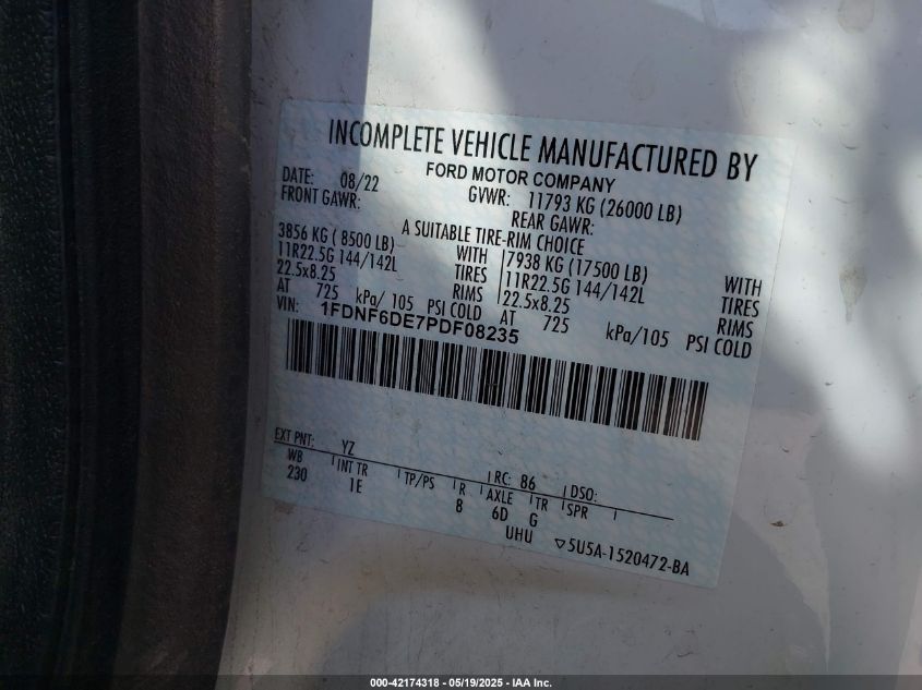 2023 Ford F-650 Diesel VIN: 1FDNF6DE7PDF08235 Lot: 42174318