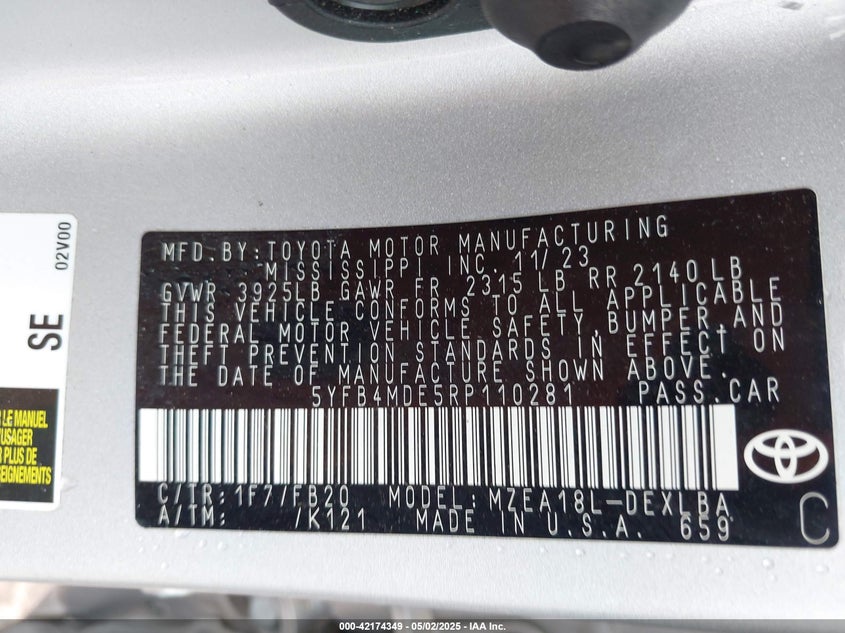 2024 TOYOTA COROLLA VIN: 5YFB4MDE5RP110281