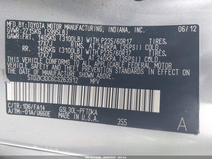 2012 TOYOTA SIENNA VIN: 5TDZK3DC6CS263912