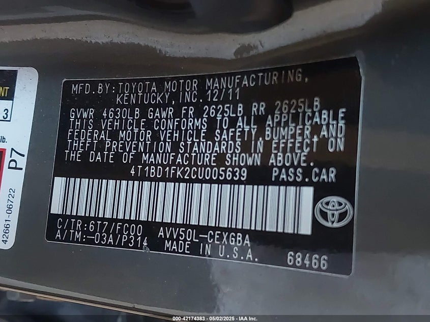2012 TOYOTA CAMRY HYBRID VIN: 4T1BD1FK2CU005639