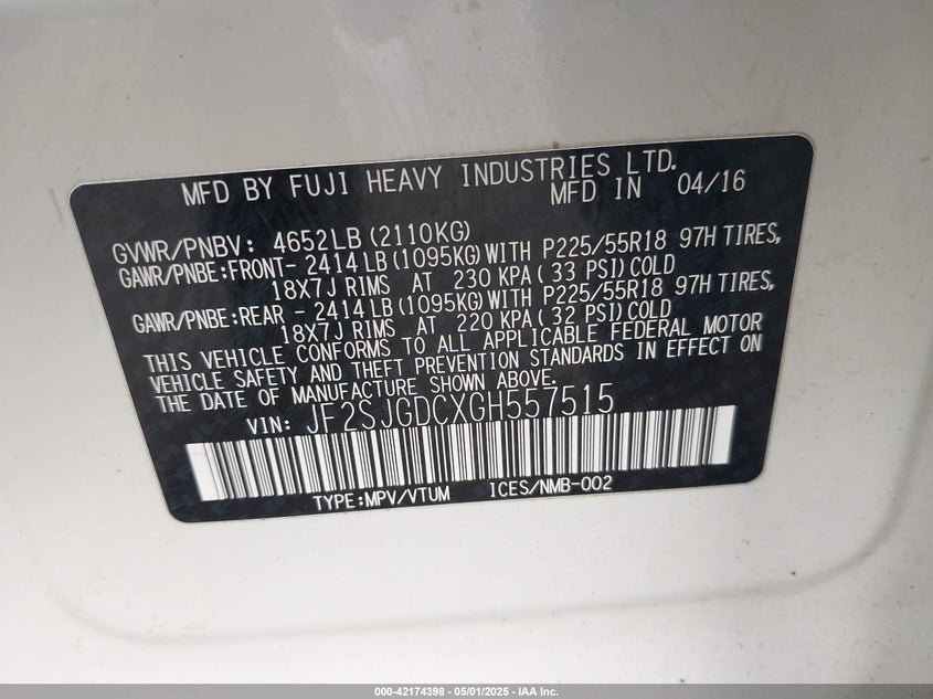 2016 SUBARU FORESTER VIN: JF2SJGDCXGH557515