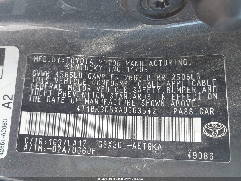 2010 TOYOTA AVALON VIN: 4T1BK3DBXAU363542