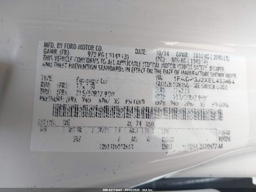 2014 Ford Focus Titanium VIN: 1FADP3J2XEL433464 Lot: 42174443