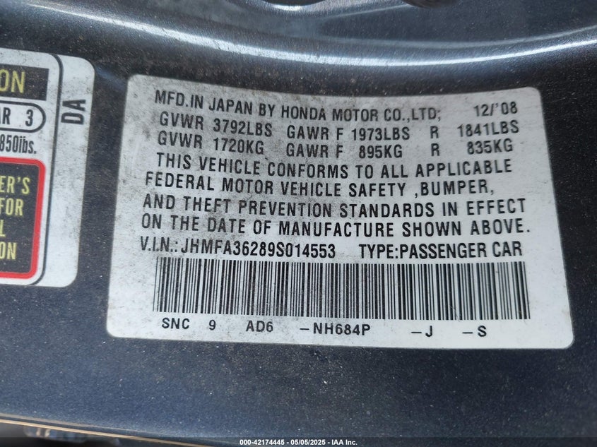2009 HONDA CIVIC VIN: JHMFA36289S014553
