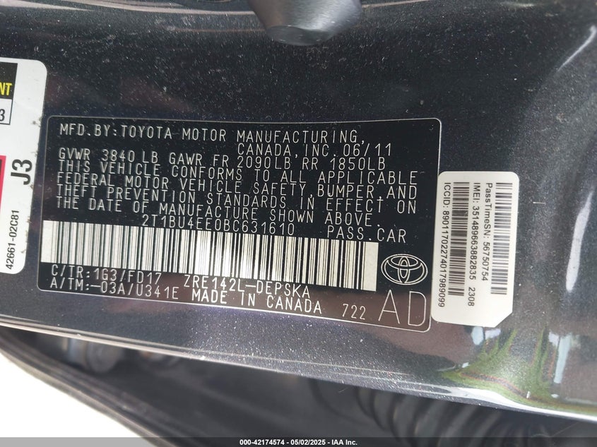 2011 TOYOTA COROLLA VIN: 2T1BU4EE0BC631610
