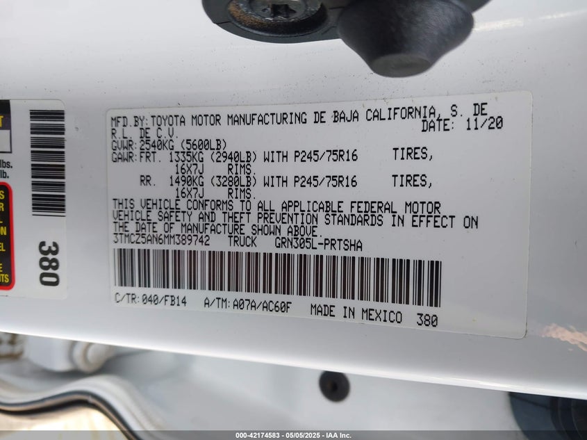 VIN 3TMCZ5AN6MM389742 2021 TOYOTA TACOMA SR V6