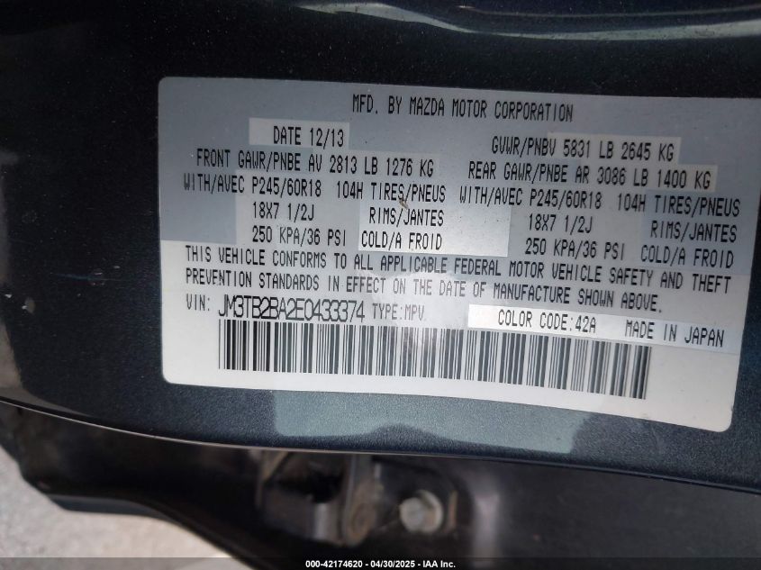 2014 Mazda Cx-9 Sport VIN: JM3TB2BA2E0433374 Lot: 42174620