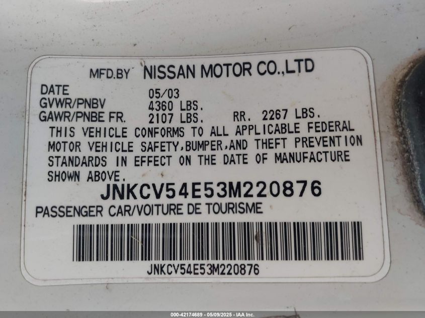 2003 Infiniti G35 Base W/Leather VIN: JNKCV54E53M22087 Lot: 42174689