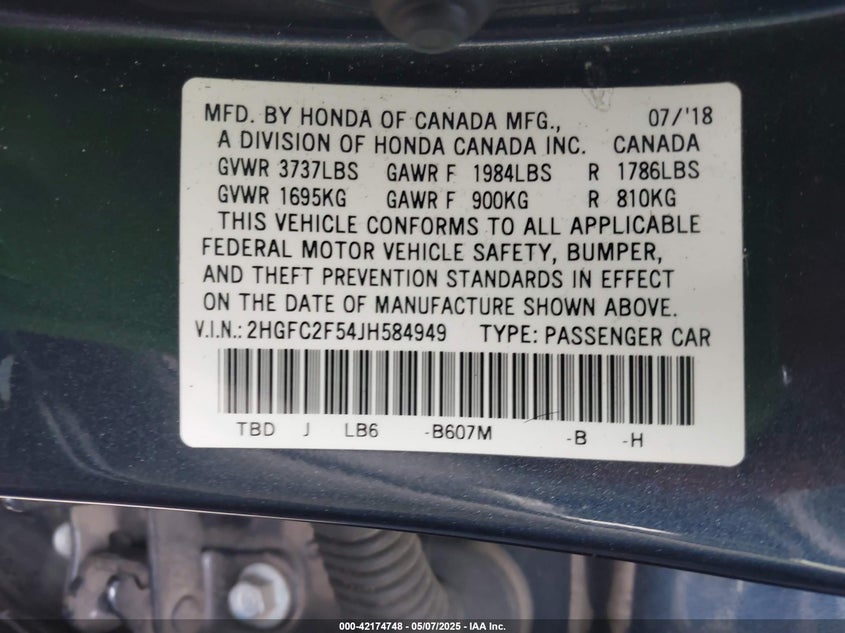 2018 HONDA CIVIC VIN: 2HGFC2F54JH584949