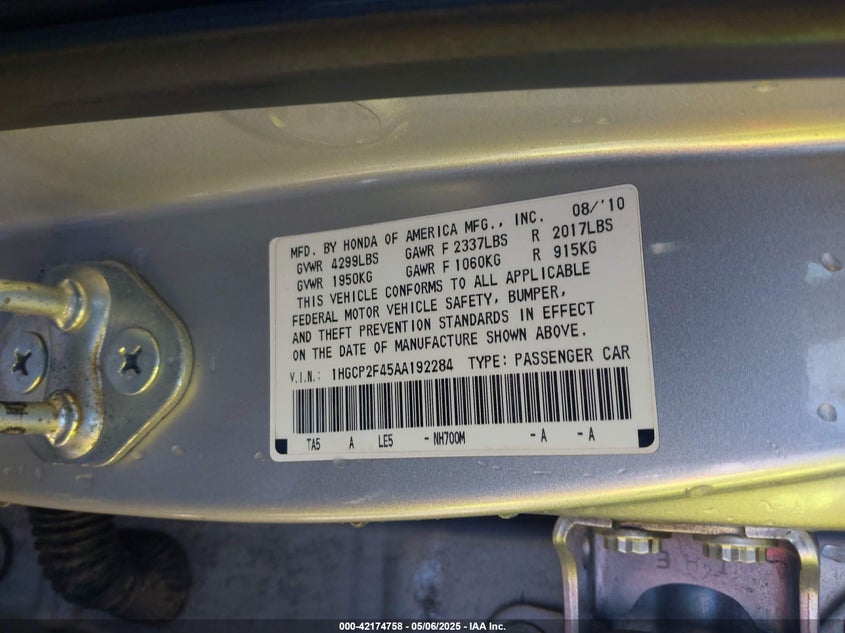 2010 HONDA ACCORD VIN: 1HGCP2F45AA192284