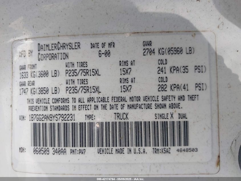 2000 Dodge Dakota Slt/Sport VIN: 1B7GG2AN9YS792231 Lot: 42174764