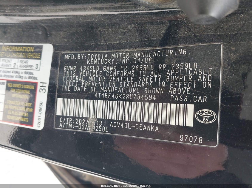2008 TOYOTA CAMRY VIN: 4T1BE46K28U784594