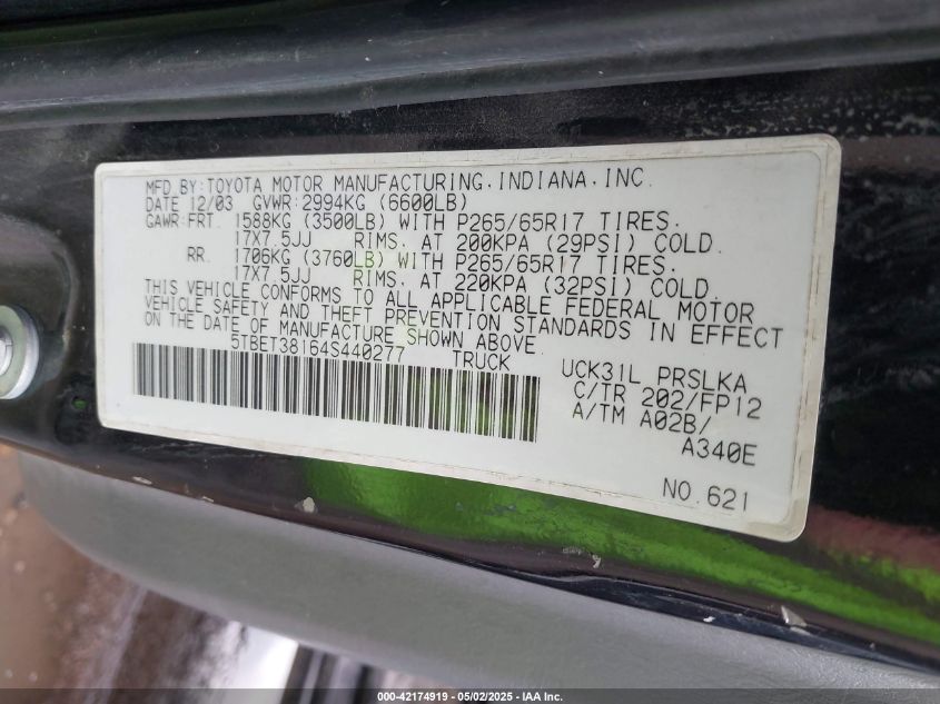 2004 Toyota Tundra Limited V8 VIN: 5TBET38164S440277 Lot: 42174919