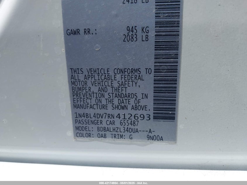 2024 NISSAN ALTIMA VIN: 1N4BL4DV7RN412693