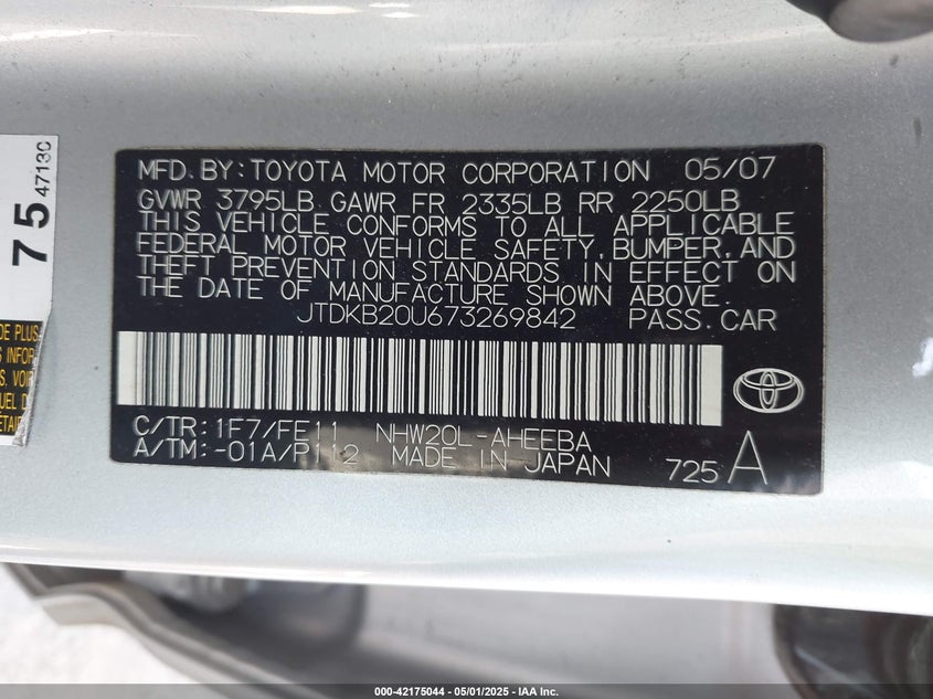 2007 TOYOTA PRIUS VIN: JTDKB20U673269842