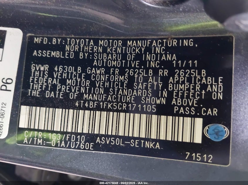 2012 TOYOTA CAMRY VIN: 4T4BF1FK5CR171105