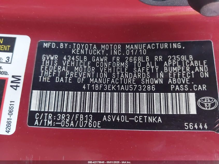 2010 Toyota Camry Le VIN: 4T1BF3EK1AU573286 Lot: 42175049