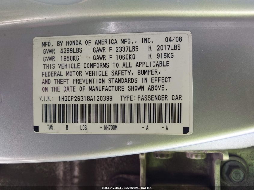 2008 Honda Accord 2.4 Lx VIN: 1HGCP26318A12039 Lot: 42175074