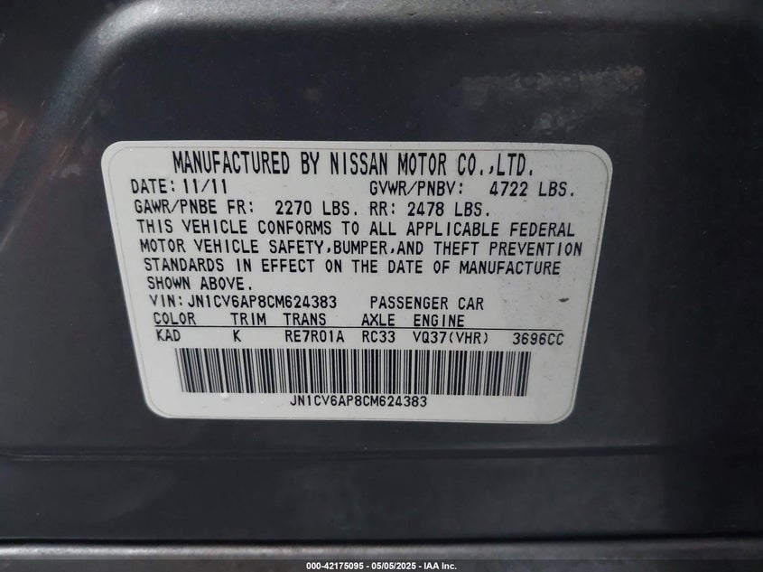 2012 INFINITI G37 VIN: JN1CV6AP8CM624383