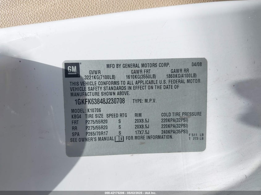 2008 GMC YUKON DENALI VIN: 1GKFK63848J230708