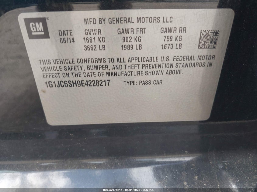 2014 CHEVROLET SONIC VIN: 1G1JC6SH9E4228217