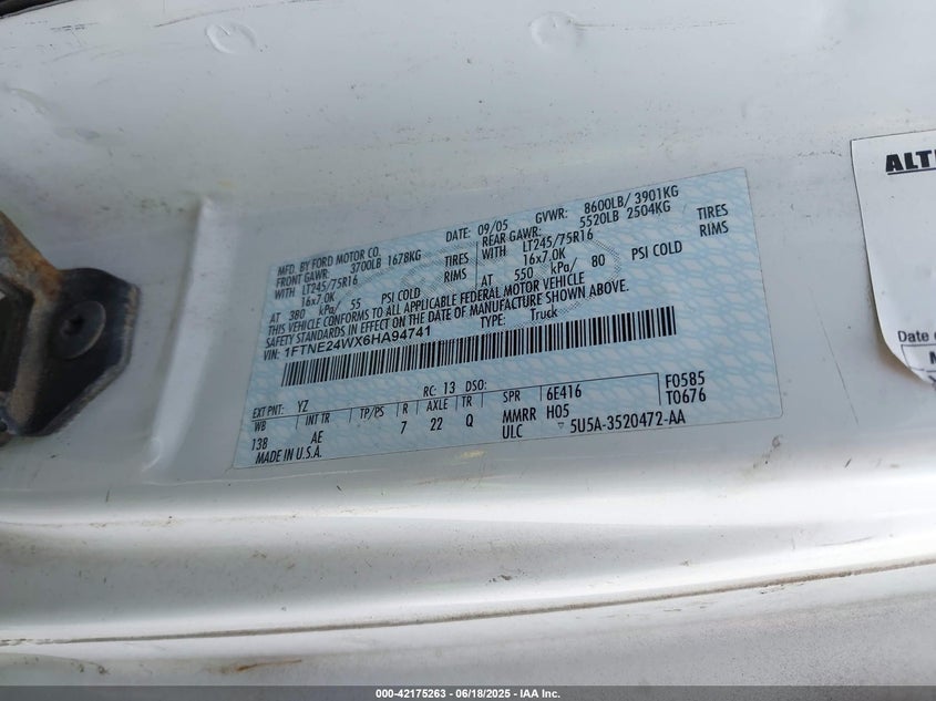 2006 Ford E-250 Commercial/Recreational VIN: 1FTNE24WX6HA94741 Lot: 42175263